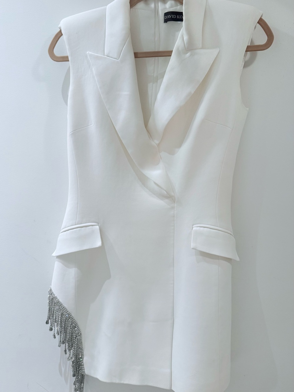 David Koma White Sleeveless Blazer Dress with Crystal Fringe